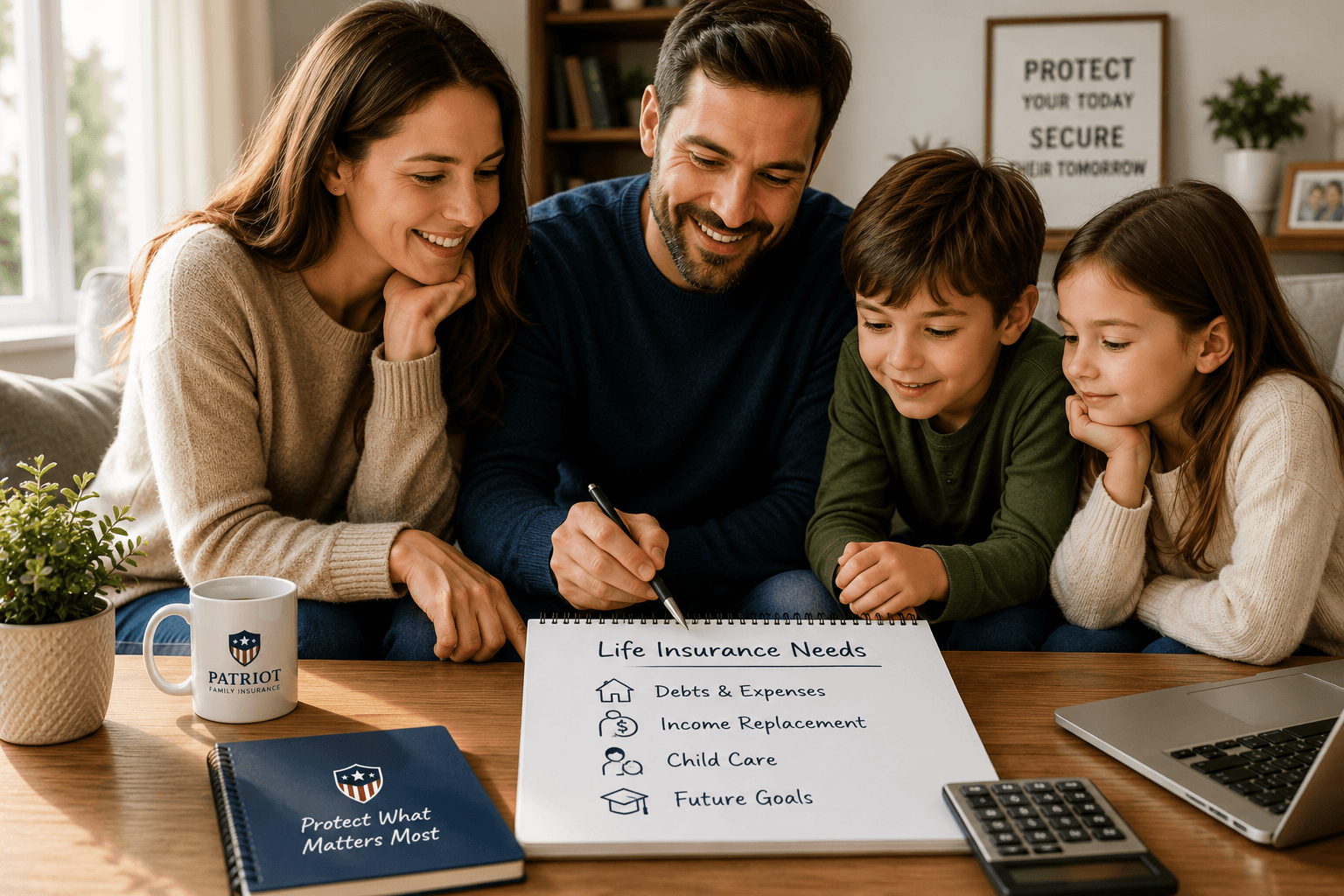 A family sitting around the kitchen table discussing finances